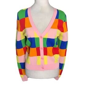 NWT English Factory Small Vibrant Multicolor Gingham Cardigan Sweater Preppy